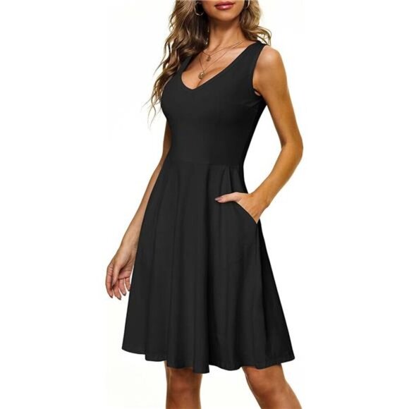 Sleeveless V Neck Summer Beach Midi Dress with Pockets Casual Flared Tank Dress - Picture 1 of 4